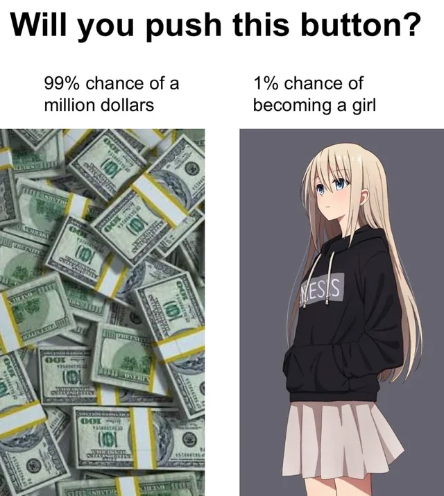 Will you push this button? 99% chance of $1,000,000 / 1% chance of becoming a girl.